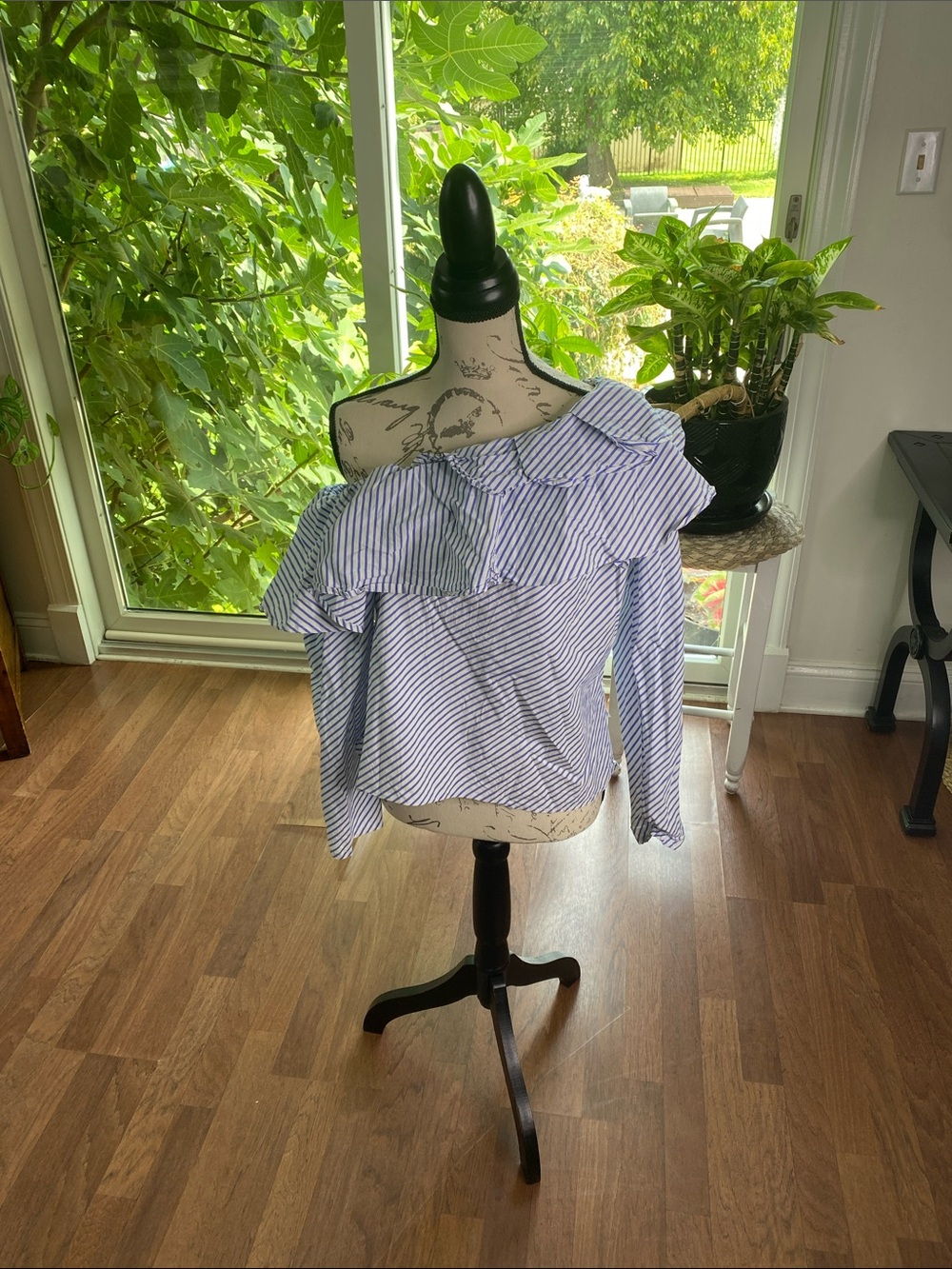 GAP Blue and White Striped One-Shoulder Ruffle Blouse